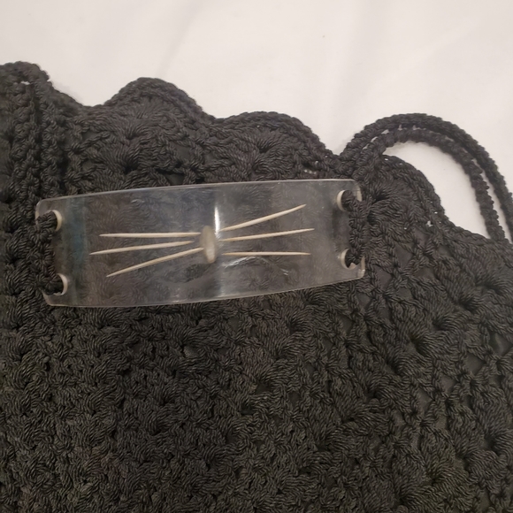 Vtg Black Goth Gothic Fan Shaped Crocheted Handbag w/Lucite Embellishment - Picture 2 of 6